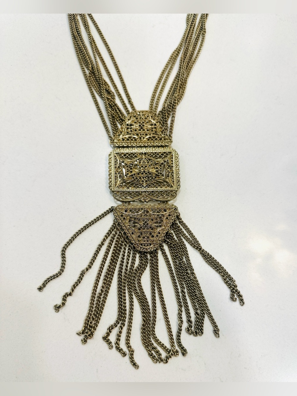 Chunky Boho Gold Tone Multi Strand Filigree Tassel Statement Necklace - Picture 7 of 11